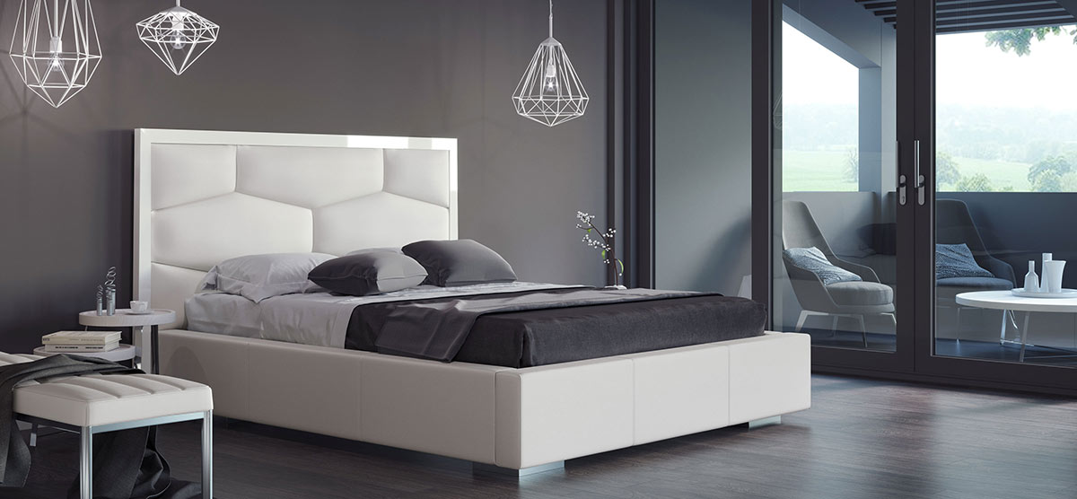 Victoria Sleek Eco Leather Bed In White, Victoria Upholstered King Bed